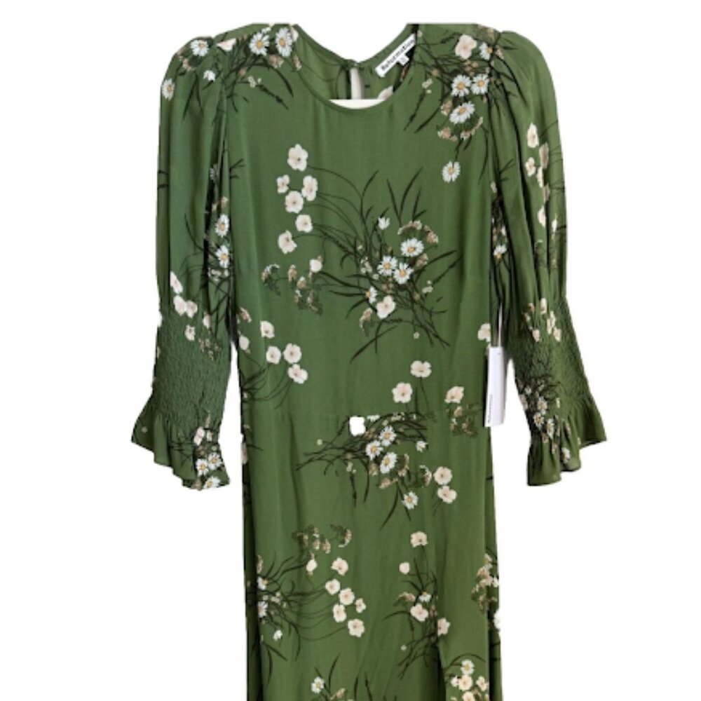 Reformation Green Floral Midi Dress Puff Sleeve Front Slit Boho Romantic Chic 4